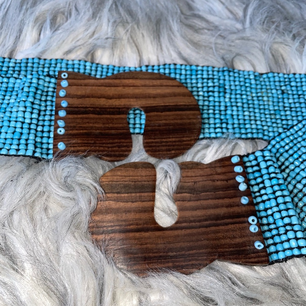 Unique Vintage Beaded Wooden Buckle Stretch Belt